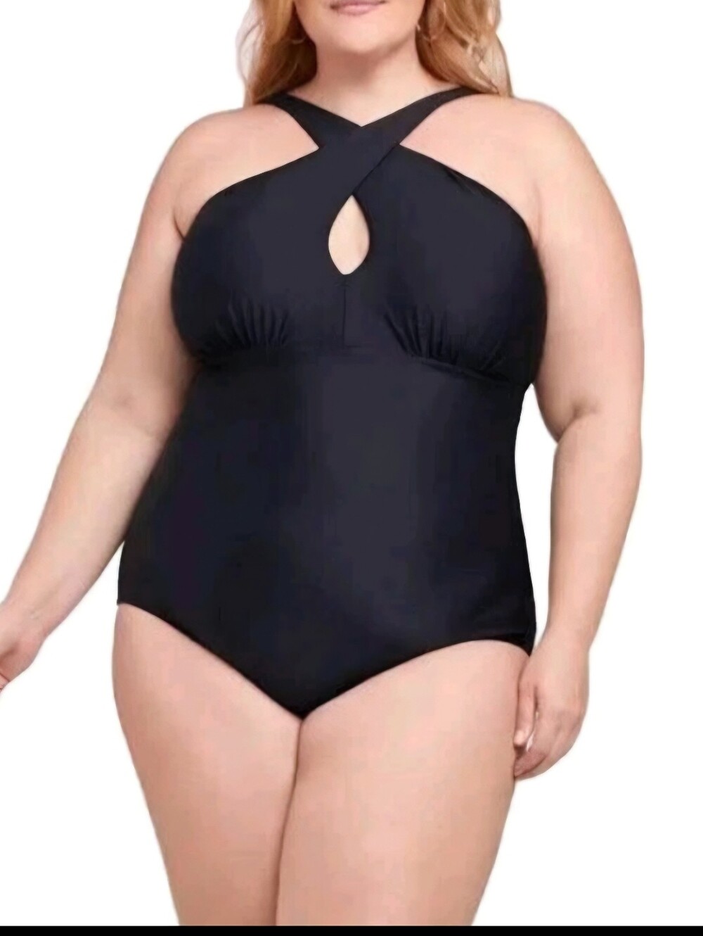 Plus Size Black Crisscross Halter One-Piece Swimsuit – Supportive Fit